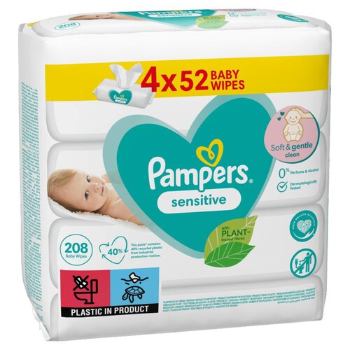 Sensitive chusteczki nawilżane dla niemowląt Pampers 4 x 52 sztuki