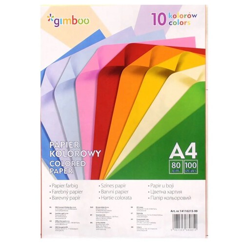 Papier kolorowy A4 100 arkuszy 10 kolorów Gimboo 10 sztuk